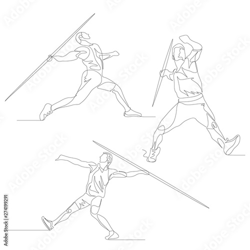 Continuous one line javelin thrower set. Summer Olympic Games. Vector