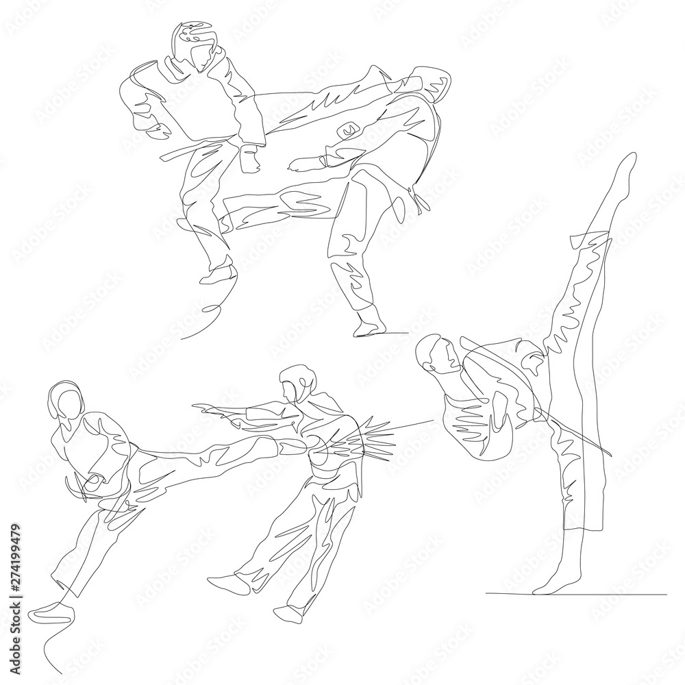 Continuous one line taekwondo fighter set. Summer Olympic Games. Vector Continuous one line taekwondo fighter set. Summer Olympic Games. Vector
