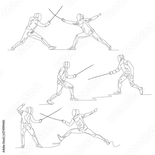 Continuous one line fencer set. Summer Olympic Games. Vector