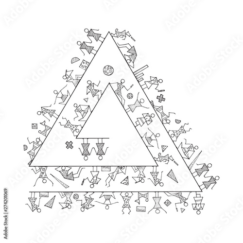 Big set of stick figures on a triangular spiral for infographics. Includes small geometric elements. People lifestyle. Cartoon icons set. Sketch Hand drawn vector illustration isolated on white
