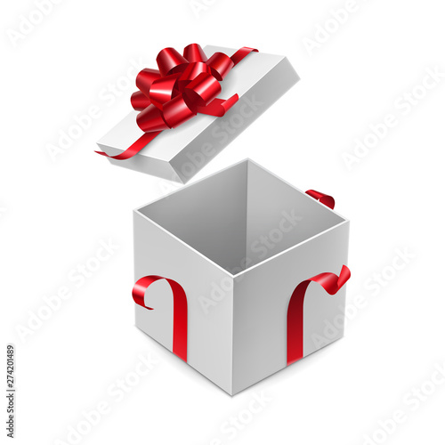 Opened cardboard square box with red ribbon bow