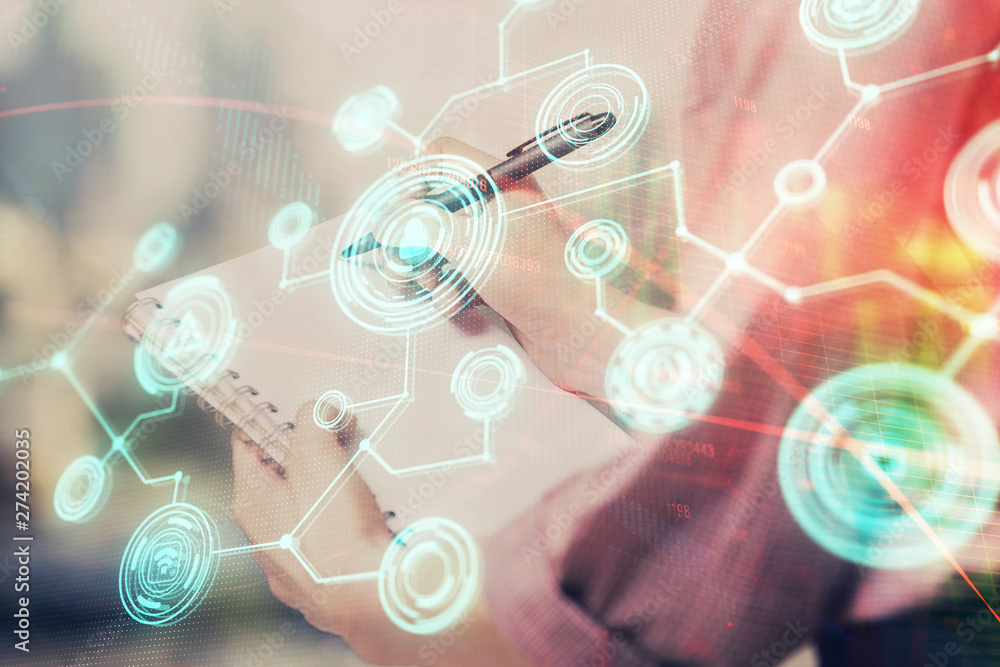 Social network theme hologram over hands taking notes background. Concept of global international people connect. Double exposure Social network theme hologram over hands taking notes background. Concept of global international people connect. Double exposure