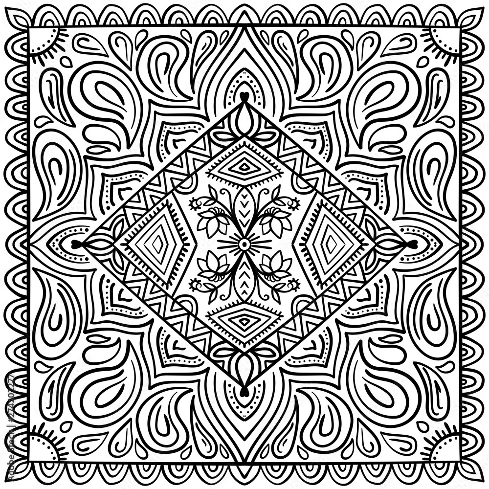 Ornamental background with traditional pattern. Ethnic ornament. Design for carpet, yoga mat, textile, greeting card, banner. Coloring book page for adults. Ornamental background with traditional pattern. Ethnic ornament. Design for carpet, yoga mat, textile, greeting card, banner. Coloring book page for adults.