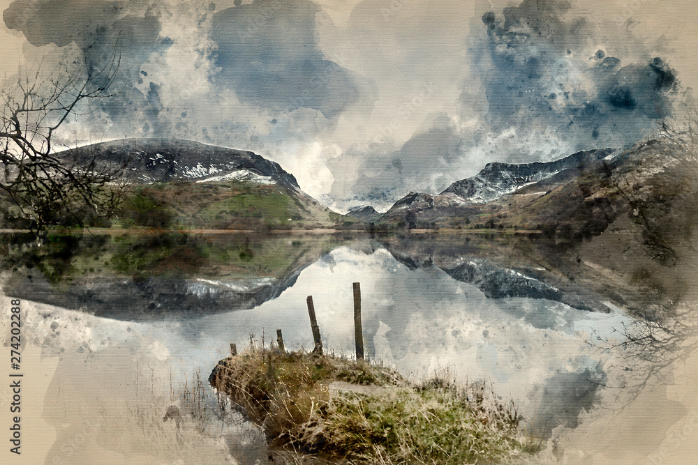 Digital watercolor painting of Beautiful Winter landscape image of Llyn Nantlle in Snowdonia National Park with snow capped mountains in background