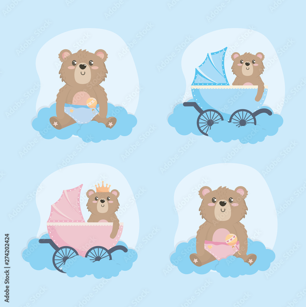 set of teddy bear with carriage and rattle