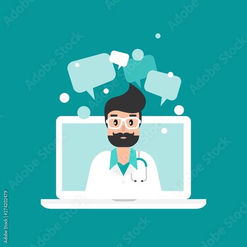 Man doctor on the laptop screen. Medical internet consultation. Healthcare consulting web service.