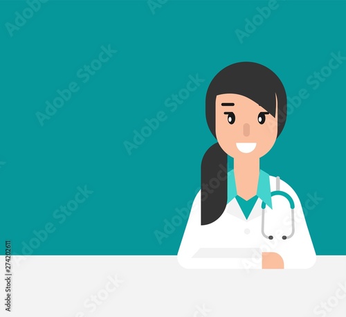 Smiling woman doctor with stethoscope and table. Medical internet consultation. Healthcare consulting web service.