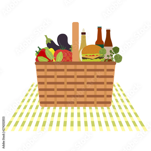 Vector. Wicker picnic basket, food, drink