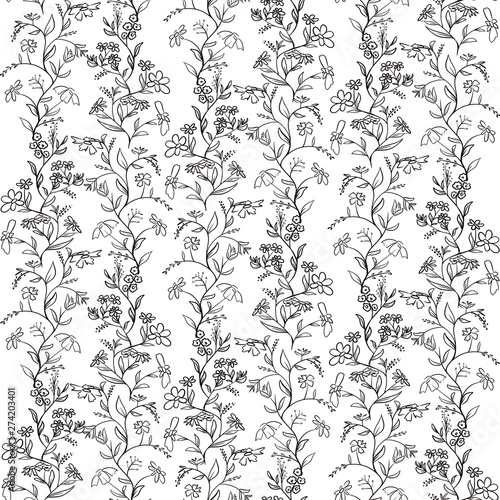 Digital hand drawn sketch illustration seamless pattern background with two floral elements isolated on white