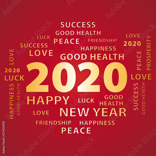 2020 Happy New Year red and gold greeting card. Vector illustration.