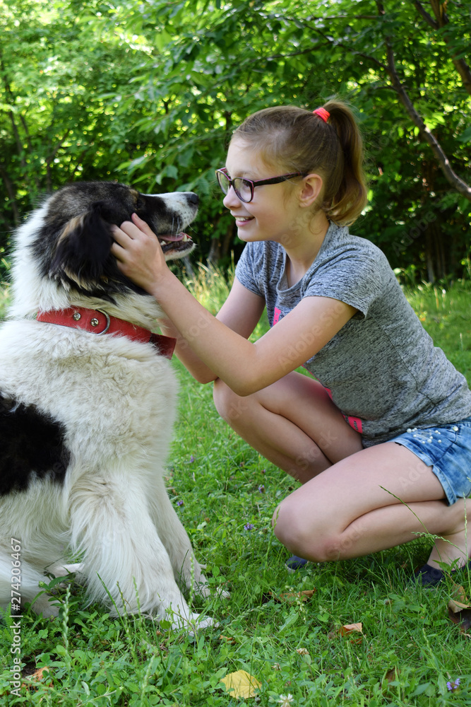 Girl playing with dog on grass. Teenager hugging Carpathian Shepherd Dog in the summer park. Friendship concept of man and animal Girl playing with dog on grass. Teenager hugging Carpathian Shepherd Dog in the summer park. Friendship concept of man and animal
