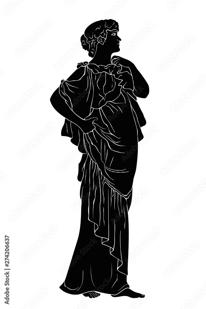 A pregnant woman in a tunic is standing. Vector image isolated on white background.