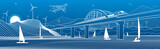 Outline illustration. View from river to night city. Windmills in mountains. Yachts on water. Train travels along railway bridge. White lines on blue background. Vector design town panorama
