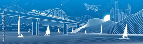 Outline illustration. View from river to night city in mountains. Yachts on water. Train travels along railway bridge. White lines on blue background. Vector design town panorama