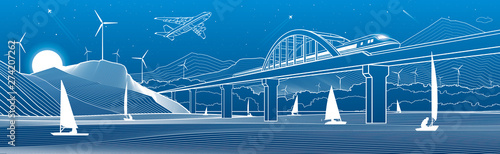Outline illustration. View from river to night city. Windmills in mountains. Yachts on water. Train travels along railway bridge. White lines on blue background. Vector design town panorama