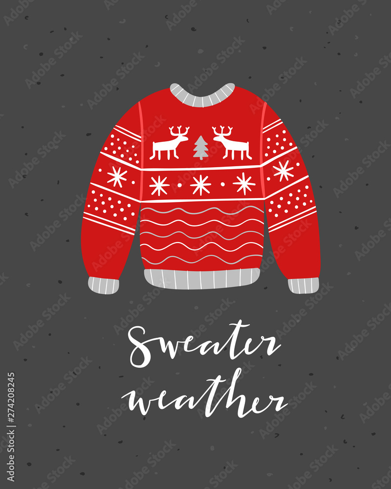 Obraz Ilustracja wektorowa ciepłe zimowe ubrania. Przytulna kartka z napisem i skandynawskim swetrem w jelenie na jesień i zimę