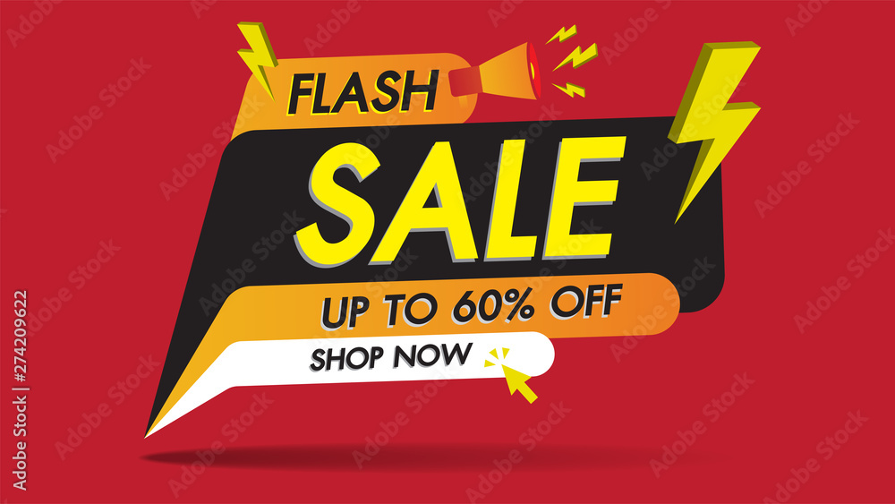 Flash sale banner promotion template design on red background with golden thunder.Big sale special 60% offer labels.End of season special offer banner shop now. Flash sale banner promotion template design on red background with golden thunder.Big sale special 60% offer labels.End of season special offer banner shop now.