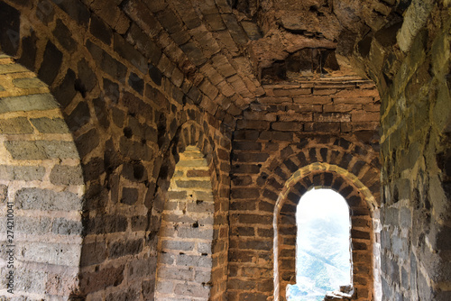A close-up of the observation window of the beacon fire tower enemy building of the Great Wall in ancient China, Yumuling, Qianxi County, Hebei Province, China.
