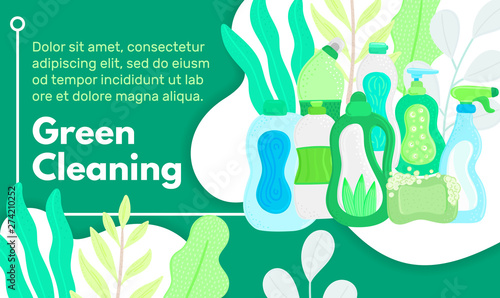 Vector background with eco friendly household cleaning supplies. Natural detergents. Landing page template. Products for house washing. Green home. Online store. Banner, mailing, advertising, label