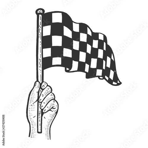 Racing checkered flag in hand flag sketch engraving vector illustration. Scratch board style imitation. Black and white hand drawn image.