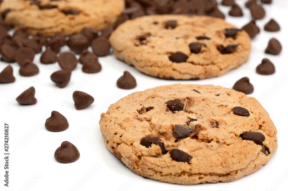 Chocolate chip cookies with chocolate parts from top view isolated on white background Chocolate chip cookies with chocolate parts from top view isolated on white background