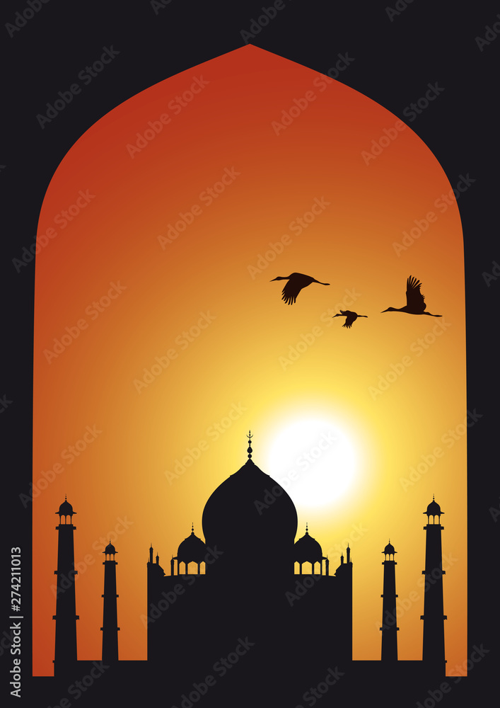 Vector colored sunset. Silhouette Indian frame with Taj Mahal and flying herons.