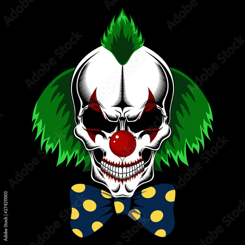Clown skull with green hair and bow. Vector image on black background.
