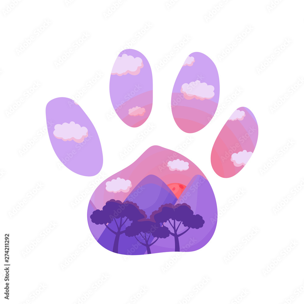 Silhouette of a fox paw footprint with a landscape inside. Vector illustration on white background. Silhouette of a fox paw footprint with a landscape inside. Vector illustration on white background.