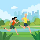 Man and woman running marathon. Landscape in city park .Vector flat style Illustration.