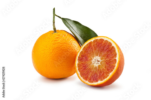 Tarocco orange with leaves isolated on white background