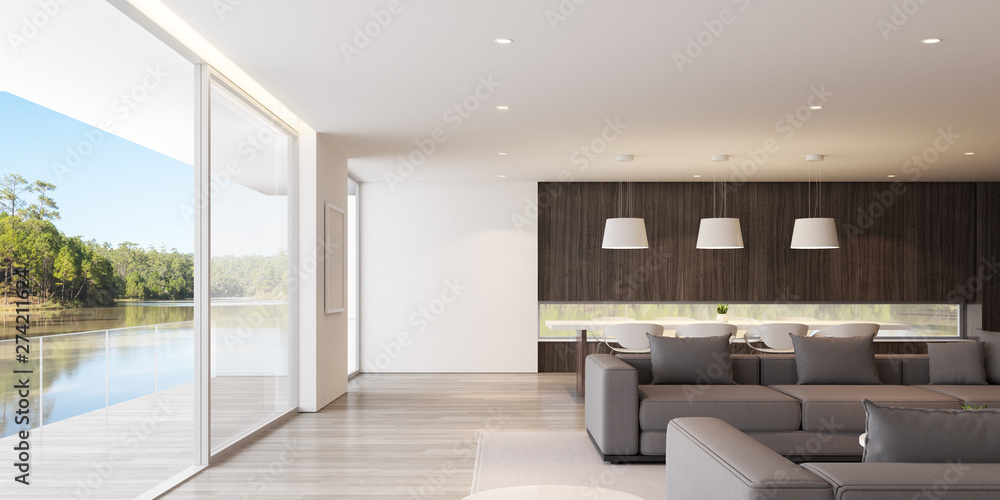Perspective of modern luxury living room with grey sofa and dining ...