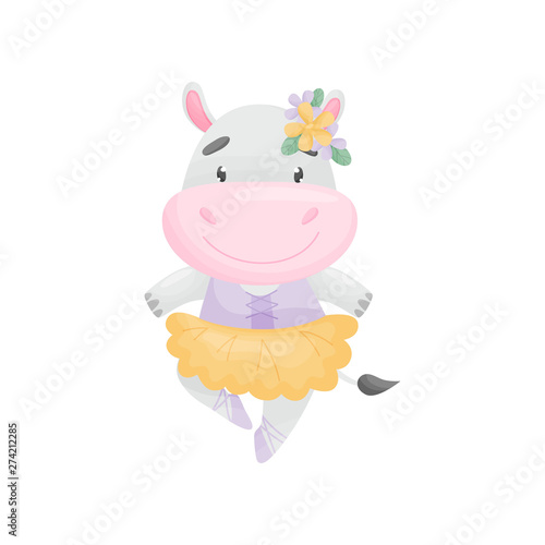 Humanized hippo in a dress ballerina. Vector illustration on white background.
