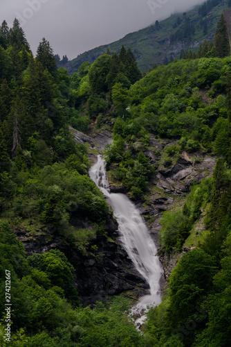 vertical view of a high picturesque waterfall in lush green forest landscape