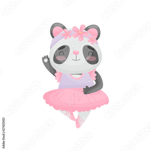 Cartoon panda in ballerina dress. Vector illustration on white background.
