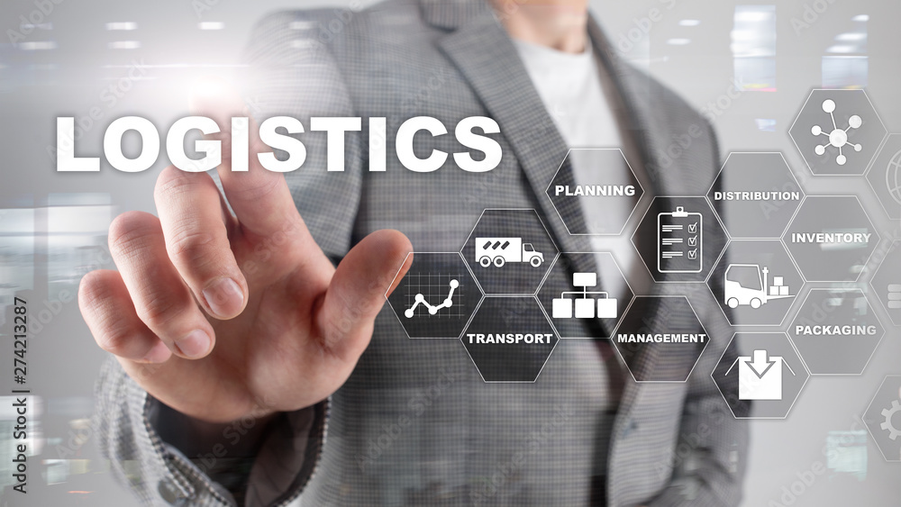 Logistic and transport concept. Businessman shows logistics diagram. Online goods orders. Goods delivery. Mixed media. Logistic and transport concept. Businessman shows logistics diagram. Online goods orders. Goods delivery. Mixed media.