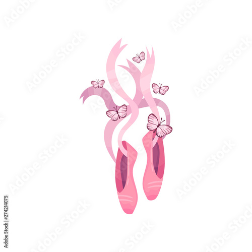 Pair of pointe shoes with untied ribbons. Vector illustration on white background.