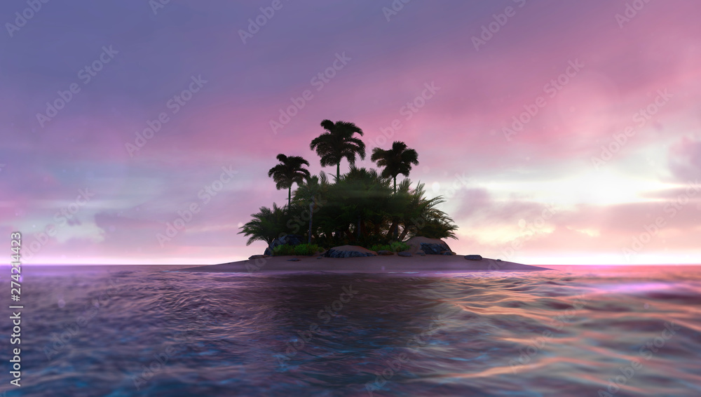 Romantic red dawn sky with abandoned tropical palm isle in the middle, adventurous travelling tropical destination as 3D illustration background - obrazy, fototapety, plakaty 