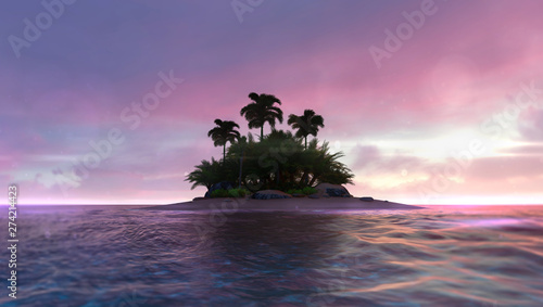 Romantic red dawn sky with abandoned tropical palm isle in the middle, adventurous travelling tropical destination as 3D illustration background