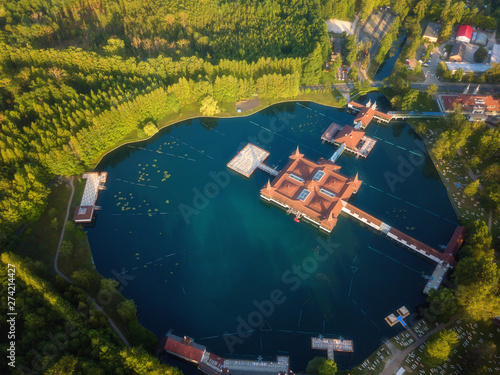 Aerial view of the famous Lake Heviz in Hungary, and the largest thermal lake in the world available to bath. Outdoor travel background photo