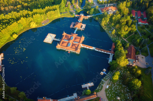 Aerial view of the famous Lake Heviz in Hungary, and the largest thermal lake in the world available to bath. Outdoor travel background photo