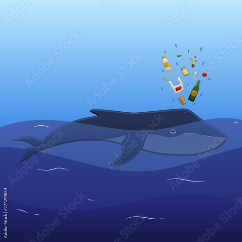 Whale lies on the ocean waves and spouts trash to the air in profile in vector. The trash consists of plastic and glass bottle, packet, pack of cigarettes, bottle cap, can, tubule, spoon, coffee cup.