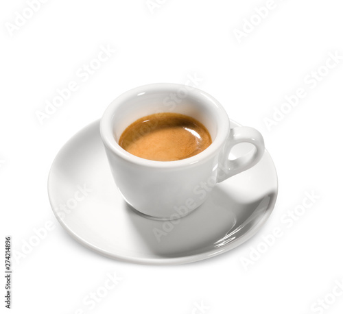 Espresso Coffee  Isolated on White Background     Original Traditional Italian Coffee  Classic White Marble Cup on Small Plate from Italian Bar Caf    Creamy Arabica Blend     Close-Up Macro  Top View Icon
