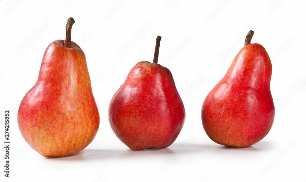 Red Pears, Isolated on White Background – Pear Cultivar Red Bartlett, Group of Three from Italy – Detailed Close-Up Macro on Peel and Stem, with Shadow, High Resolution Red Pears, Isolated on White Background – Pear Cultivar Red Bartlett, Group of Three from Italy – Detailed Close-Up Macro on Peel and Stem, with Shadow, High Resolution