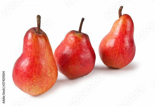 Red Pears, Isolated on White Background – Pear Cultivar Red Bartlett, Group of Three from Italy – Detailed Close-Up Macro on Peel and Stem, with Shadow, High Resolution