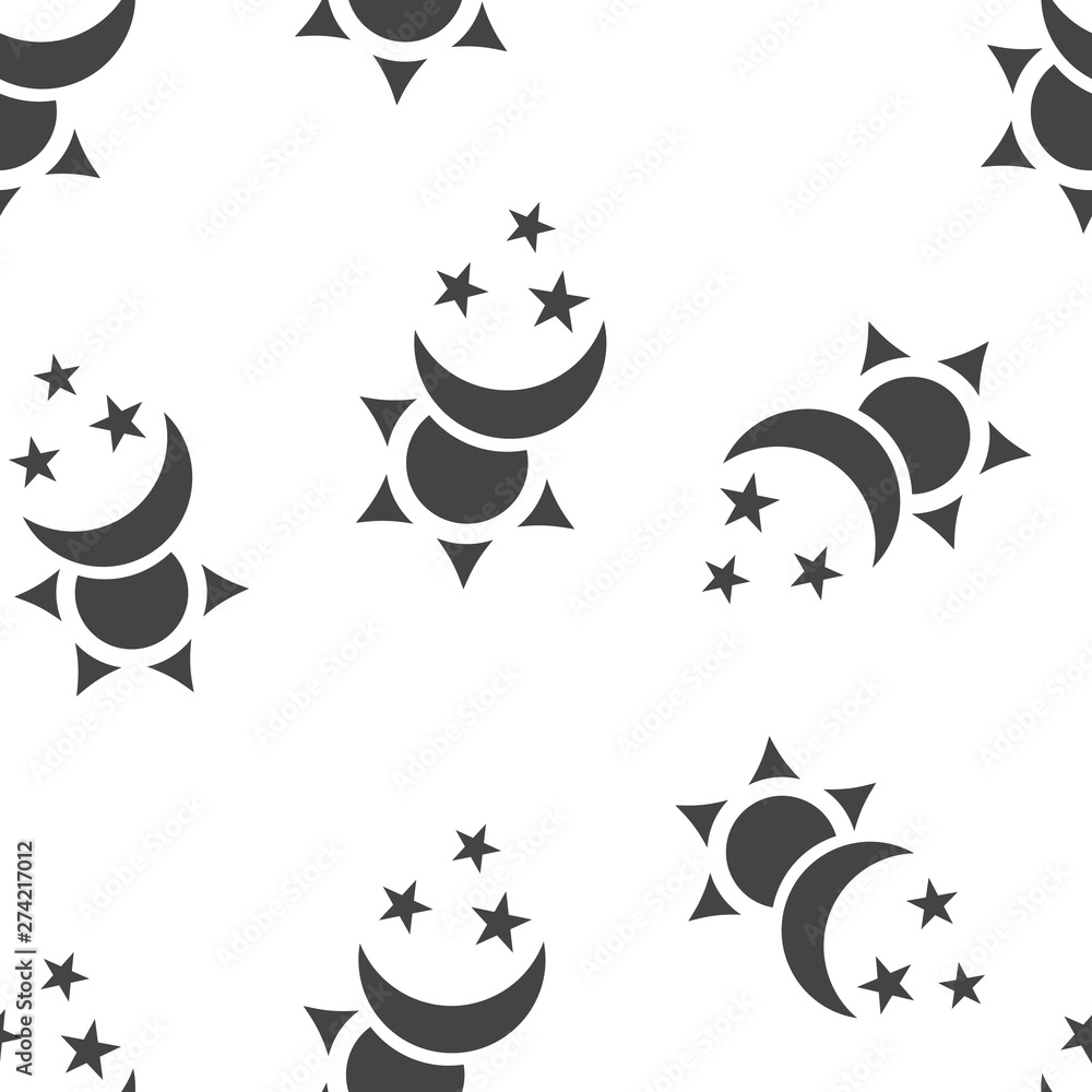 Sun and moon with stars vector icon. The symbol of the change of day and night  seamless pattern on a white background.