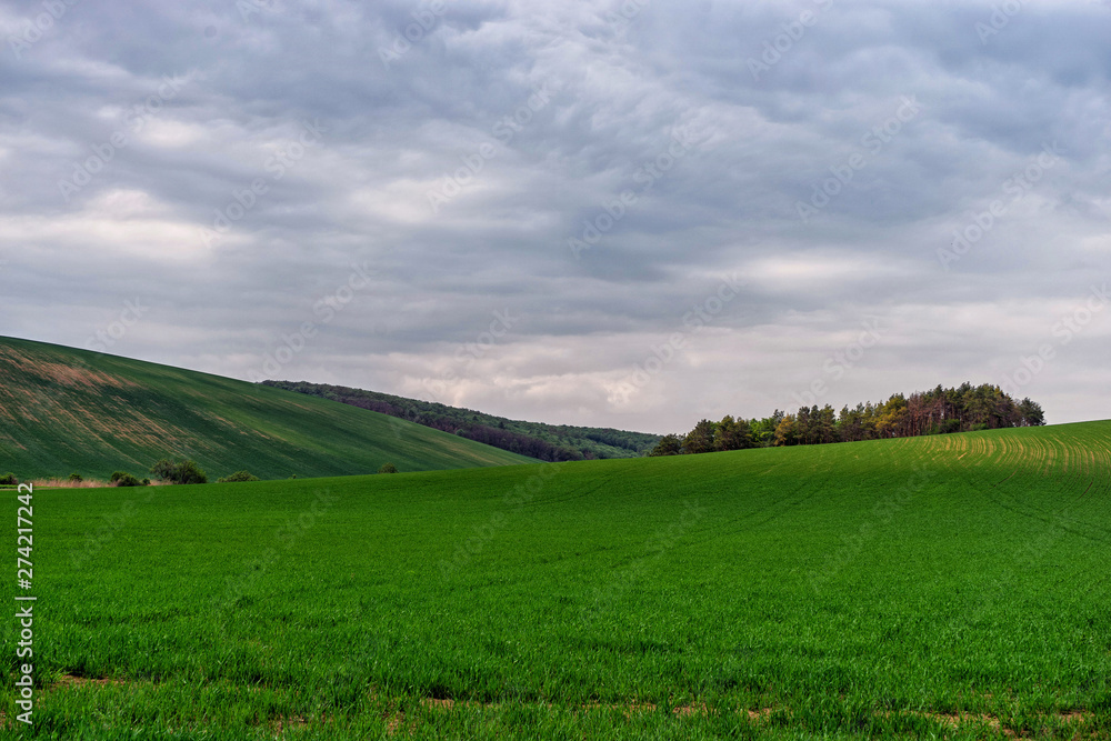 Scenic view of beautiful country landscape. Clouds passing above rural fields in South Moravia, Czech Republic.