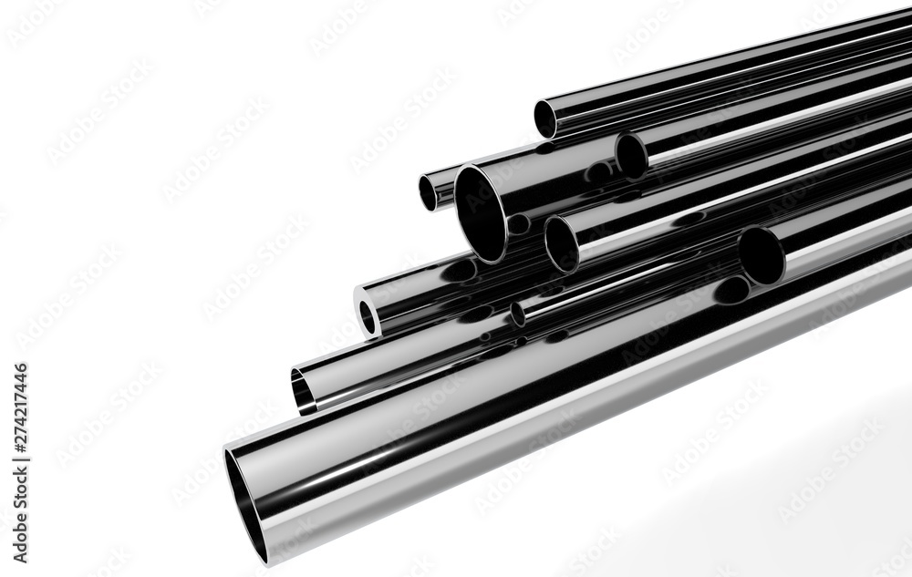 High quality Galvanized steel pipe or Aluminum and chrome stainless pipes in stack waiting for shipment in warehouse High quality Galvanized steel pipe or Aluminum and chrome stainless pipes in stack waiting for shipment in warehouse