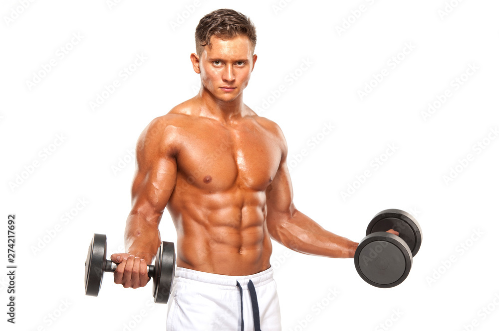 Handsome Young Muscular Men Exercise With Dumbbells Handsome Young Muscular Men Exercise With Dumbbells