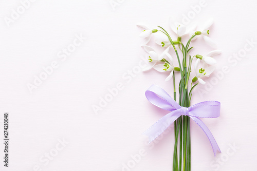 Fresh snowdrops on pink background with place for text. Spring greeting card.