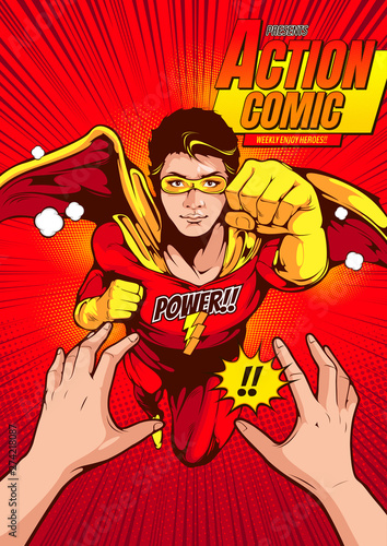 The man in the superhero outfit is fighting, comic book cover template on red background, flyer brochure speech bubbles, doodle art, Vector illustration, you can place relevant content on the area.